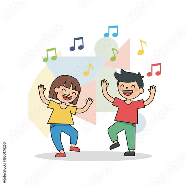 Fototapeta Joyful children dancing to music with colorful notes and abstract shapes, celebrating childhood happiness.
