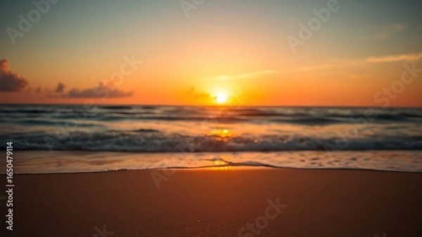 Fototapeta Serene beach sunset with golden tones and a softly focused horizon, creating a peaceful atmosphere.