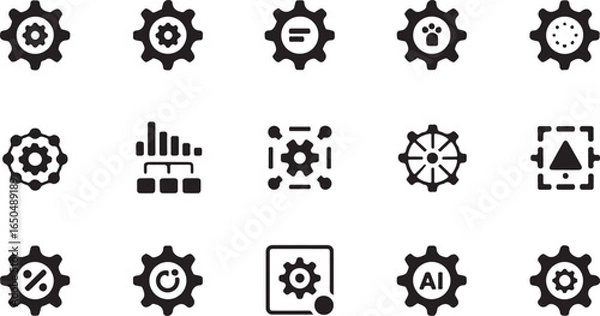 Fototapeta Glyph icon collection featuring cogwheels for settings and technology