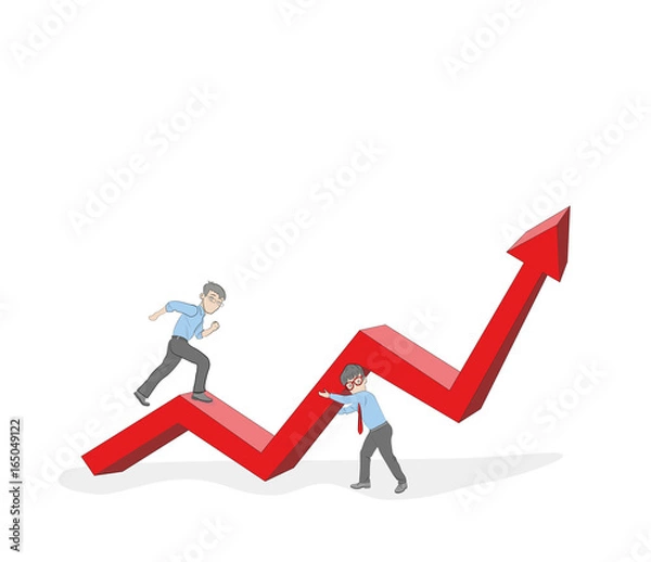 Fototapeta Line flat design vector illustration of businessman running up along arrow, concept for business success, career, reaching goals.
