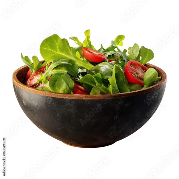 Fototapeta Fresh 3D Salad Bowl with Greens and Tomato, Isolated on Transparent White Background