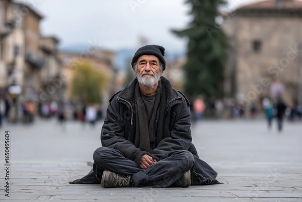 Fototapeta Old man with a long beard sitting barefoot in the street. Poverty, hardship and unemployment concept for social issue.