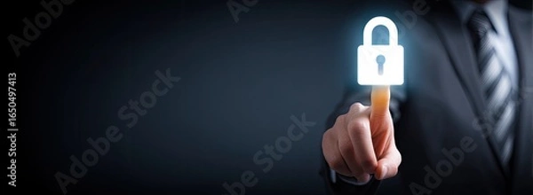 Fototapeta Businessman's finger points at a glowing lock icon
