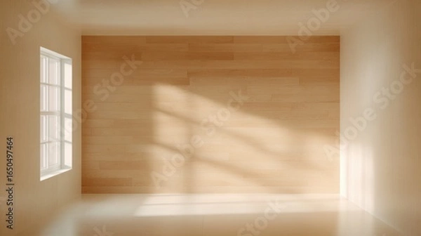 Fototapeta Empty room interior with wood panel wall and sunlight through window