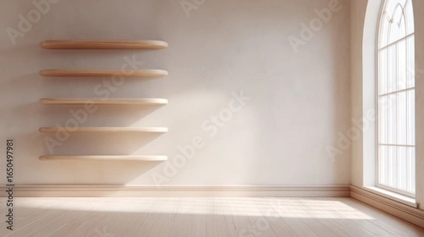 Fototapeta Empty wooden shelves on wall with window