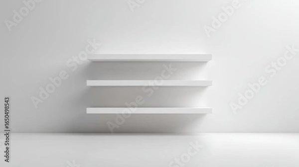 Fototapeta Three empty white shelves on white wall