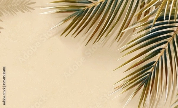 Fototapeta Light beige background with palm fronds and shadows