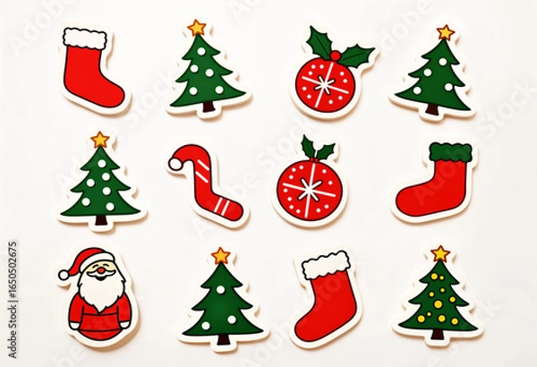 Fototapeta set of Christmas stickers with white borders on a white background