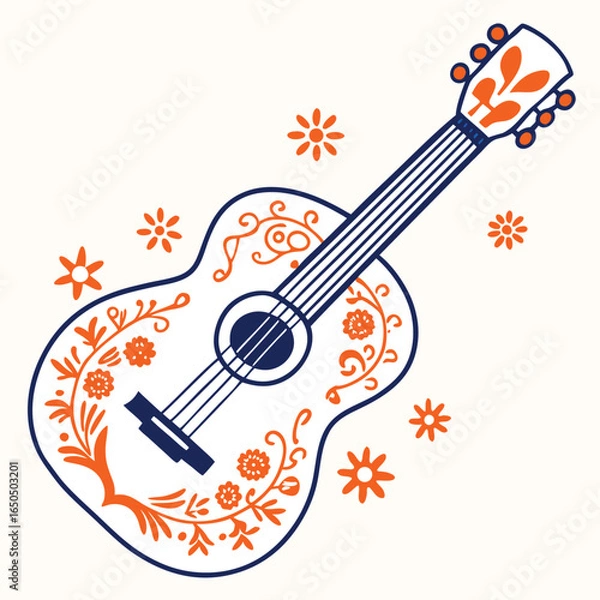 Fototapeta Classic spanish guitar illustration with musical elements