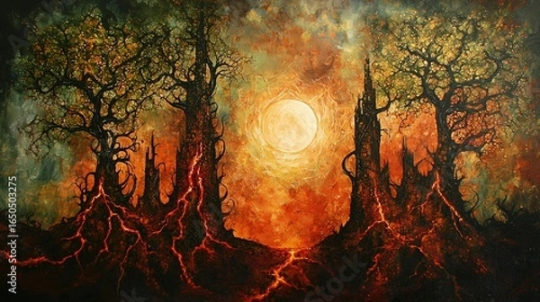 Fototapeta A ruined citadel, overgrown with ancient trees, stands amidst a landscape of volcanic fire and a celestial sun.
