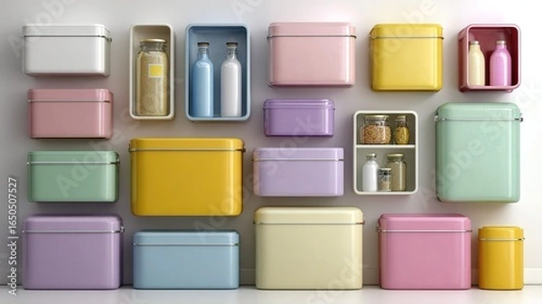 Fototapeta Colorful Storage Boxes With Containers On Light Wall