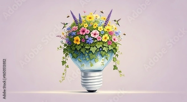 Fototapeta Creative lightbulb illustration brimming with a vibrant bouquet of colorful flowers, green leaves, hummingbirds, and bees, symbolizing eco-innovation.