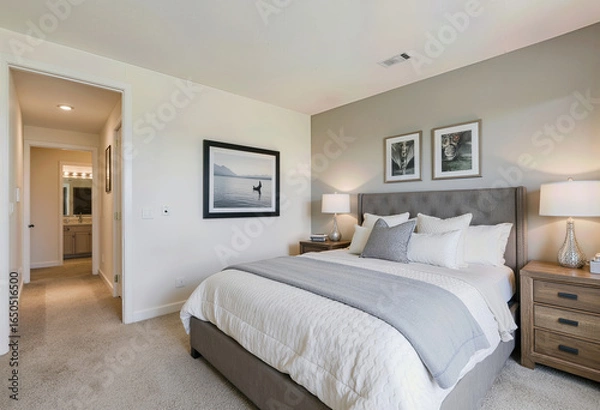 Fototapeta A bright and modern bedroom with a chic gray accent wall, a comfortable upholstered bed, and minimalist nature-themed art for a serene and stylish interior design.
