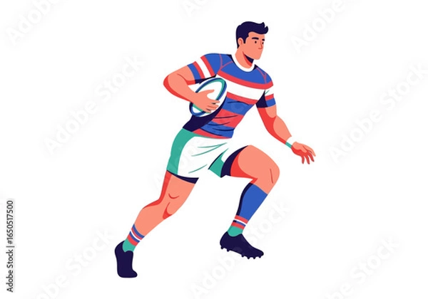 Fototapeta A stylized rugby player sprints with the ball wearing striped jersey and blue socks