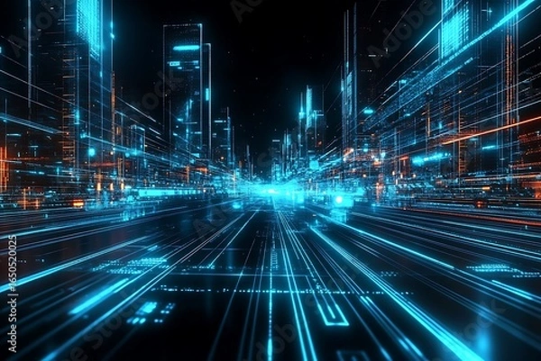 Fototapeta Abstract digital technology background with blue glowing lines and light streaks on a dark black backdrop, a futuristic cityscape