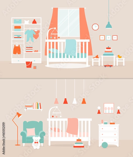 Obraz Vector set of baby rooms. Bedroom for girl and boy