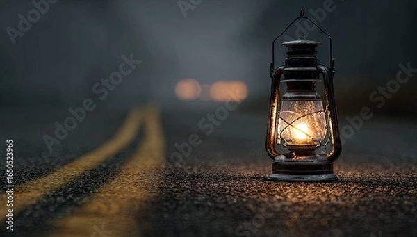 Fototapeta Dark road, lantern glows