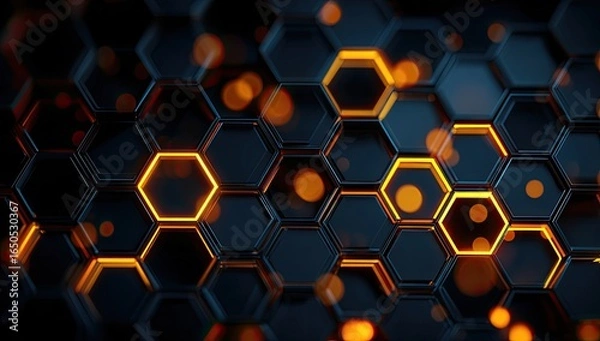 Fototapeta Abstract honeycomb pattern with glowing orange accents