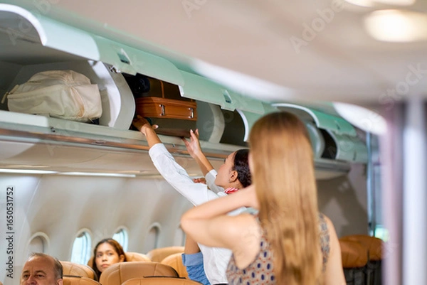 Fototapeta Airhostess checking and help passenger keeping luggage into overhead storage inside airplane before flight take off to travel.