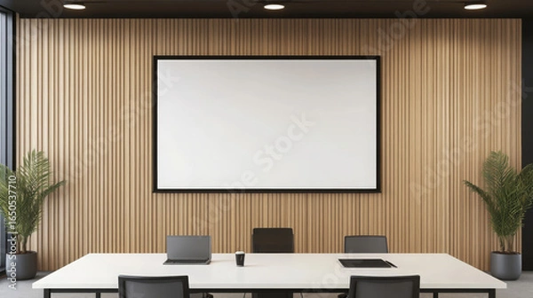 Fototapeta Modern office meeting room with large whiteboard projector, laptops, and plants, minimal style