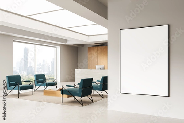 Fototapeta Modern office interior with blank poster mockup on wall and seating area with city view and reception desk in daylight. 3D Rendering. 3D Rendering