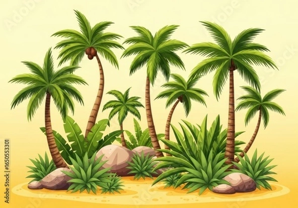 Fototapeta A vibrant illustration of a cluster of lush green palm trees and tropical plants on a sandy shore with rocks under a warm yellow sky
