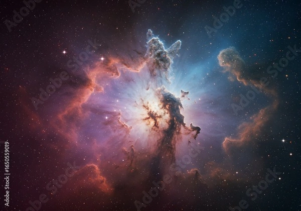 Obraz A spectacular deep space view of a glowing cosmic nebula, with towering pillars of interstellar gas and dust where stars are born.