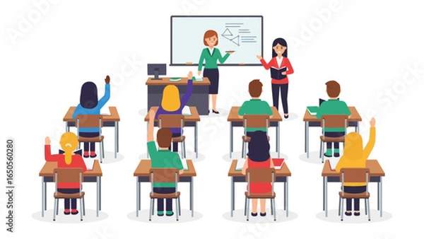 Fototapeta Teaching Moment: A classroom setting showcases the dynamic exchange between a teacher and students. Capturing the essence of education, with a diverse group of students and teachers.