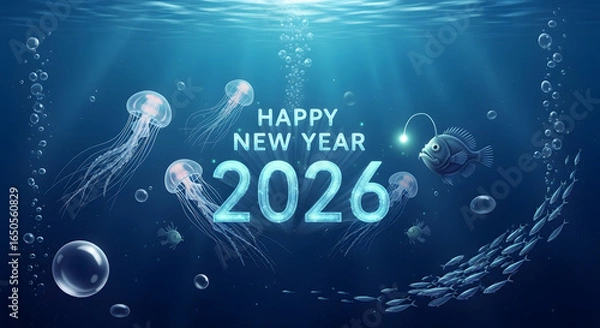 Fototapeta Happy New Year 2026 Underwater Greeting with Jellyfish, Fish, and Bubbles.