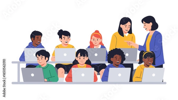 Fototapeta Kids and Educator in Lesson: A scene of digital age education where children and a teacher collaborate together in a class and engaged in a lesson