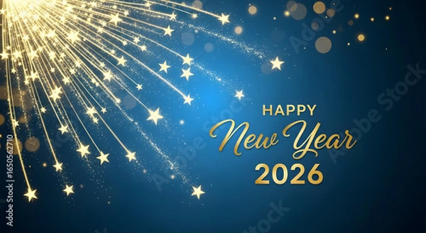 Fototapeta Happy New Year 2026 Golden Text with Starburst and Bokeh Lights on a Blue Background.