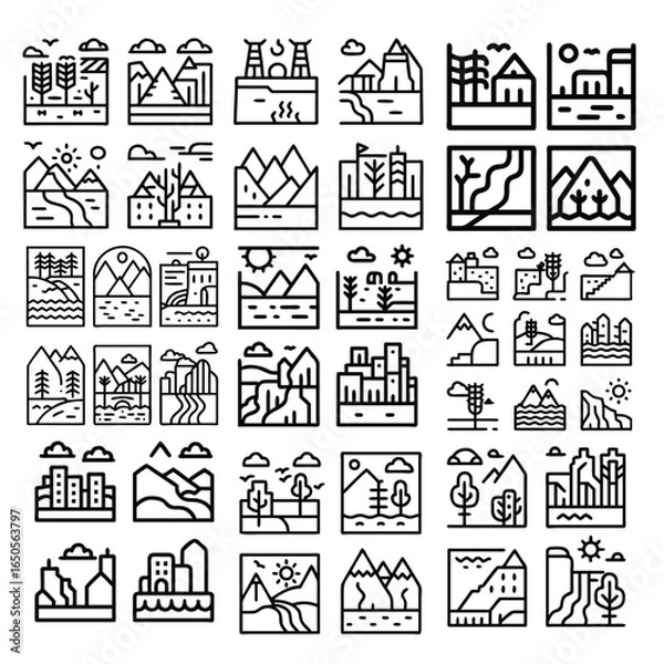 Fototapeta Landscapes line icon set. Vector pictograms of natural and urban scenery, mountain, beach, forest, desert, waterfall, cityscape, canyon
