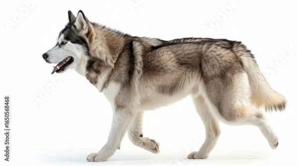 Fototapeta Siberian Husky Dog Walking Side View Isolated on White Background