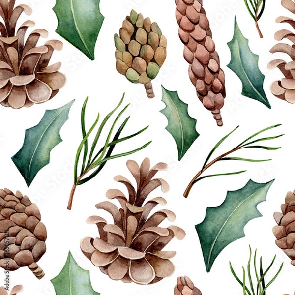 Fototapeta Seamless watercolor pattern with pine cones, fir branches, and holly leaves. Botanical clip art. Design for wrapping paper, fabric printing.