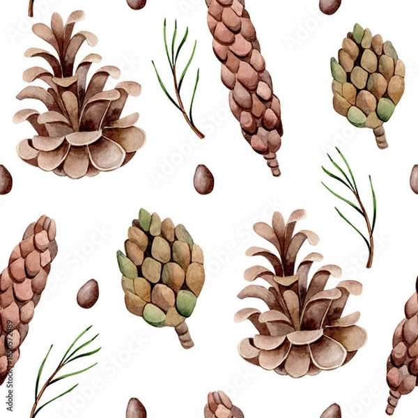 Fototapeta Seamless watercolor pattern with pine cones, fir branches isolated on white background. Botanical clip art. Design for wrapping paper, fabric printing.