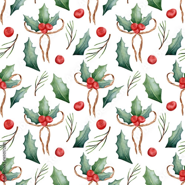 Fototapeta Seamless watercolor pattern. Botanical drawing. Hand drawn holly leaves and berries, rope bow isolated on white background. Design for printing on fabric.