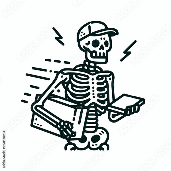 Fototapeta A Skeleton as delivery driver. Retro Vintage Line Art Clipart Silhouette Vector Illustration. Bony figure doing job like parcel carrier in vehicle service.
