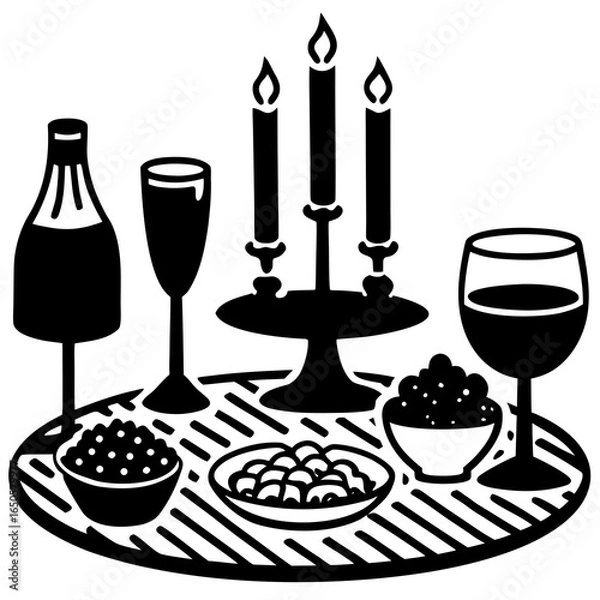 Fototapeta Table with candles snacks and glasses silhouette vector illustration