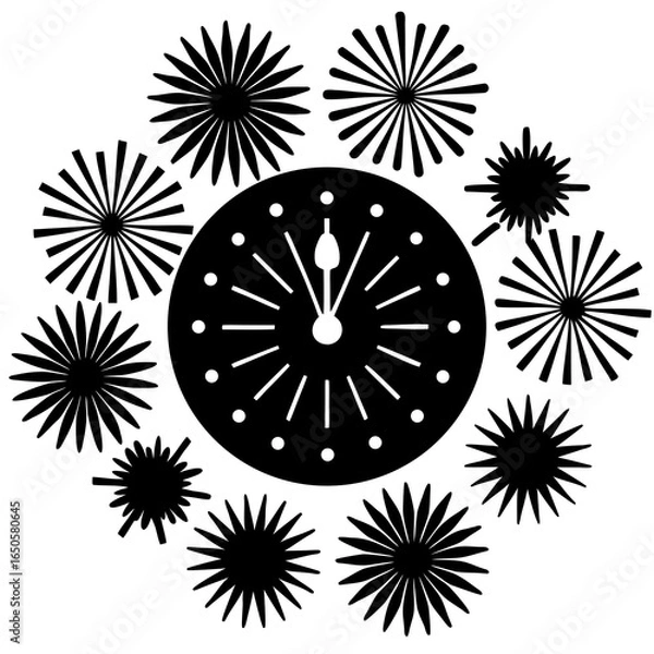 Fototapeta Firework bursts forming clock shapes silhouette vector illustration