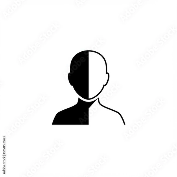 Obraz Dichotomy Icon: A minimalist monochrome representation of a person's face, the face is split into two contrasting halves symbolizing duality and conflict.