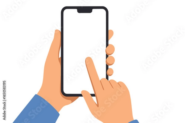 Fototapeta Hand holding smartphone with blank screen. Finger touching, tapping or swiping the display. Mobile phone mockup vector template for app, business or website presentation.