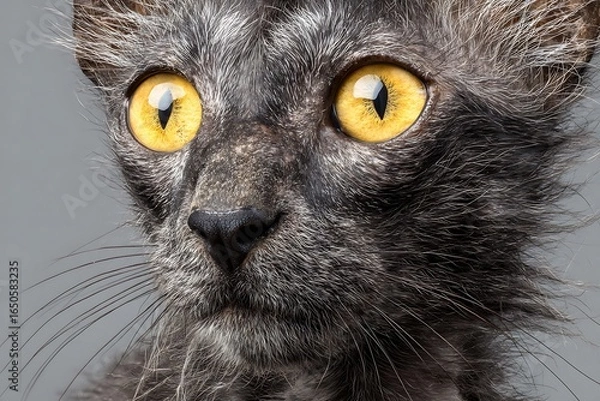 Fototapeta Close-up portrait of a Lykoi cat with striking yellow eyes and a unique, sparse coat, showcasing its unusual appearance.
