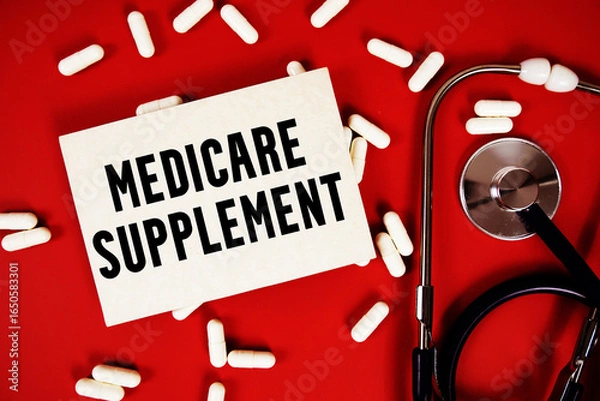 Obraz Medicare Supplement text written on paper card with stethoscope and medicine capsule on red background
