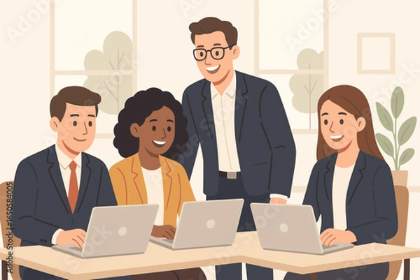 Fototapeta Business team meeting and collaboration concept. Diverse group of colleagues working together on laptops in modern office. Corporate training, success and brainstorming illustration.