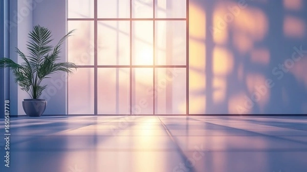 Fototapeta Sunrise through a large window, modern interior