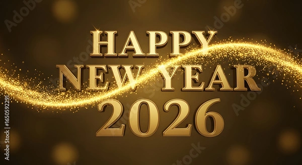 Fototapeta Happy New Year 2026 Golden Text with Flowing Light Streaks and Bokeh Lights.