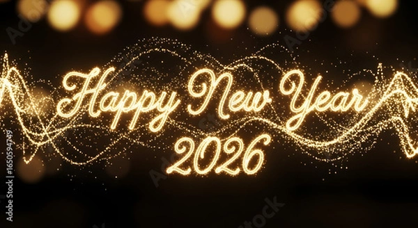 Fototapeta Happy New Year 2026 Golden Glowing Text with Particles and Bokeh Lights.