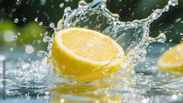 Fototapeta Fresh lemon slice splashing into water vibrant refreshing 