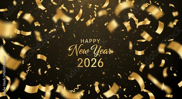 Fototapeta Happy New Year 2026 Golden Confetti and Text on a Dark Background.