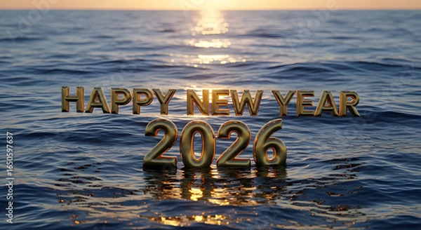 Fototapeta Happy New Year 2026 Golden Text on Ocean Waves at Sunrise.